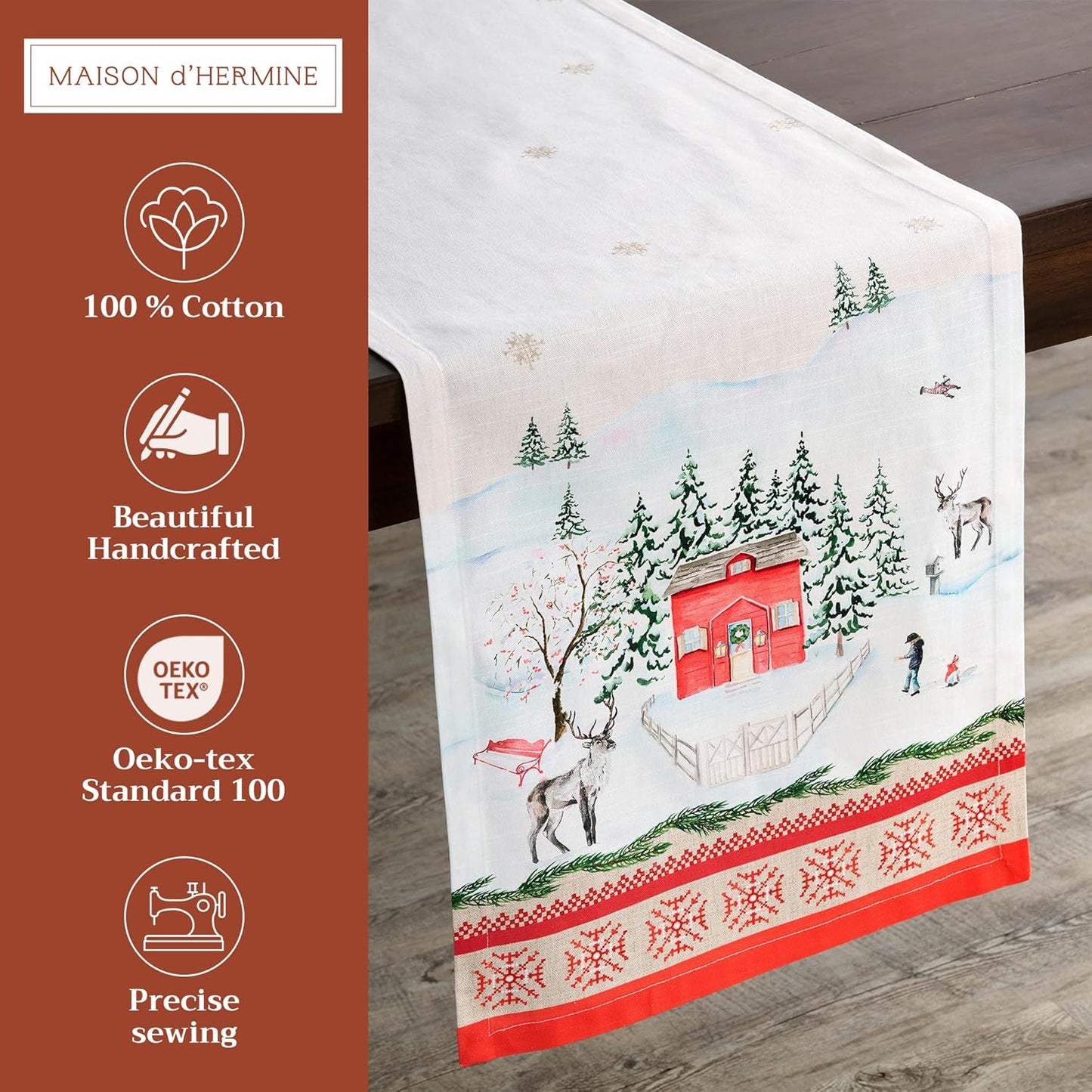 Maison d' Hermine Table Runner 100% Cotton Double Layer Table Runners 108 inches Long for Thanksgiving Christmas Decorations Home Kitchen Dining Party Wedding (Rural Christmas, 14.5" x 108")
