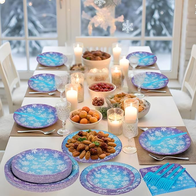 100 Pcs Frozen Plates and Napkins Sets - Snowflake Round Tableware, Disposable Winter Paper Dessert Plates and Napkins Forks for Christmas Winter Wonderland Party Supplies Table Decor, Serves 25