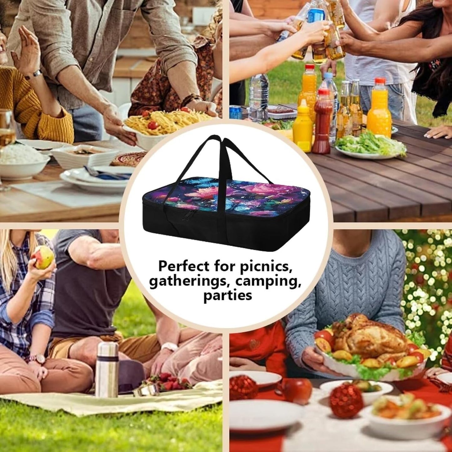 Rose Butterfly Insulated Casserole Carrier Thermal Bags Casserole Carriers for Hot or Cold Food with Heat Resistant Lining Zip Food Carriers Travel Potluck Parties Picnic Cookouts Beach