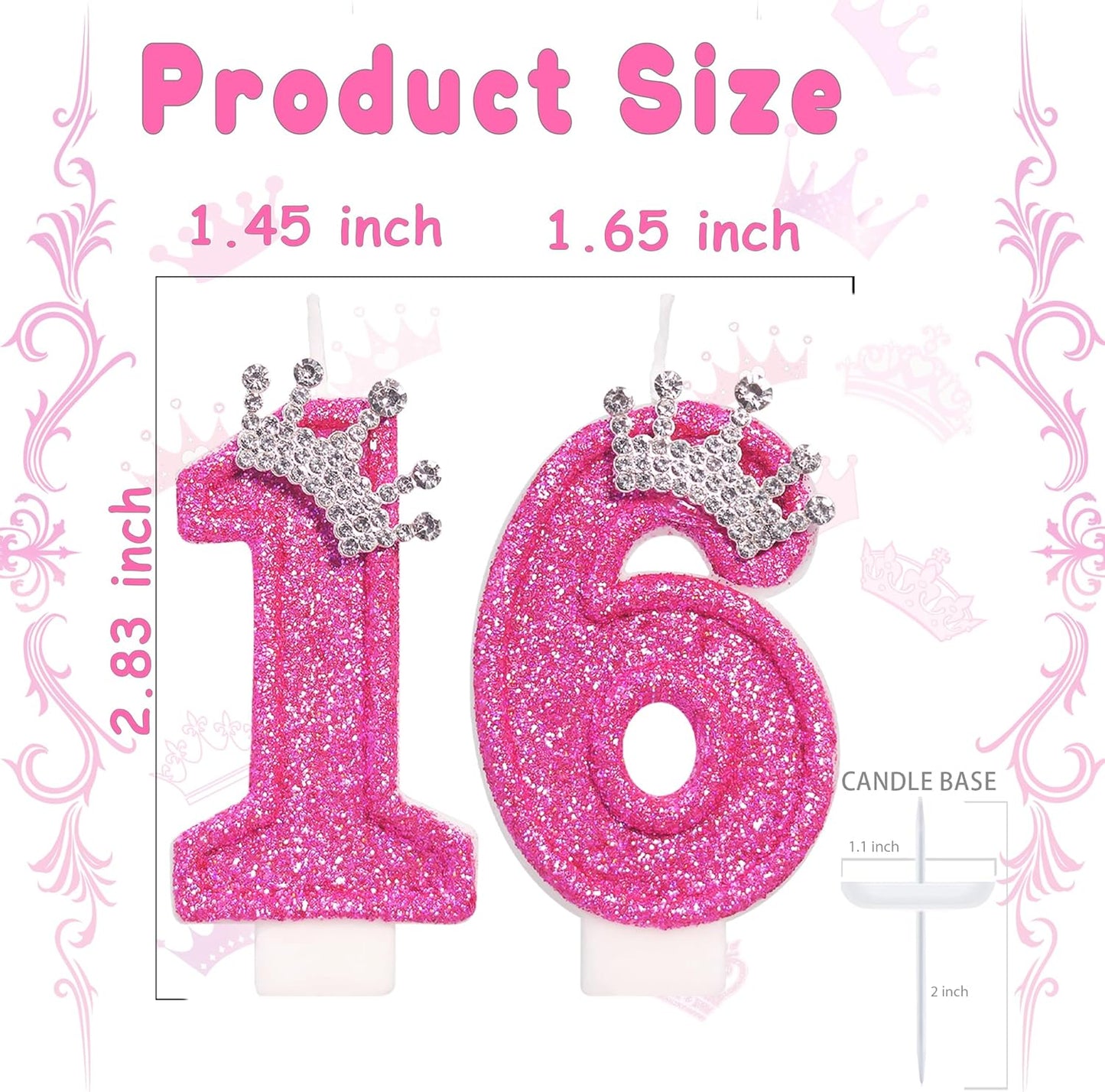 Birthday Number Candle for Cake, 2.76 Inch Glitter Crown Rose Cake Topper, Sweet 16 Party Decorations for Girls Birthday Party Supplies(Number 16)