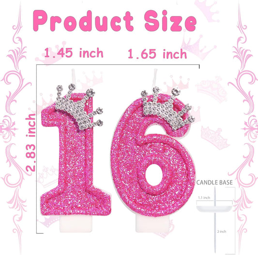 Birthday Number Candle for Cake, 2.76 Inch Glitter Crown Rose Cake Topper, Sweet 16 Party Decorations for Girls Birthday Party Supplies(Number 16)