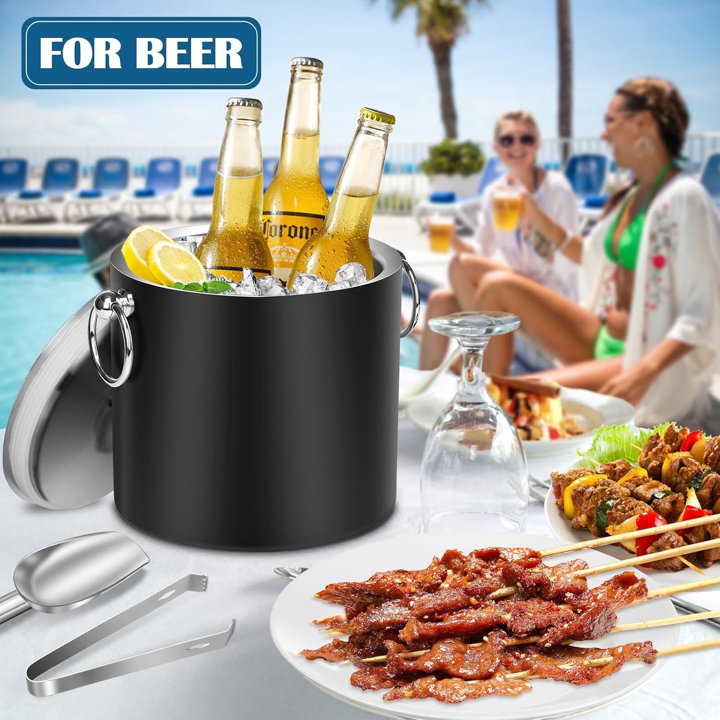 Ice Bucket with Lid & Tong- Well Made Insulated Stainless Steel Keep Ice Frozen Longer - Ideal for Cocktail Bar, Parties, Chilling Wine, Champagne - 3 Liter (Black)