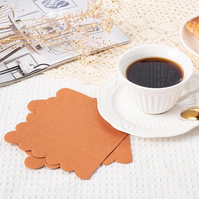 100 Pcs Terracotta Napkins Scalloped Edged Dessert Cocktail Napkins Folded 5 x 5 Inches Disposable Napkins for Dinner Wedding Birthday Party