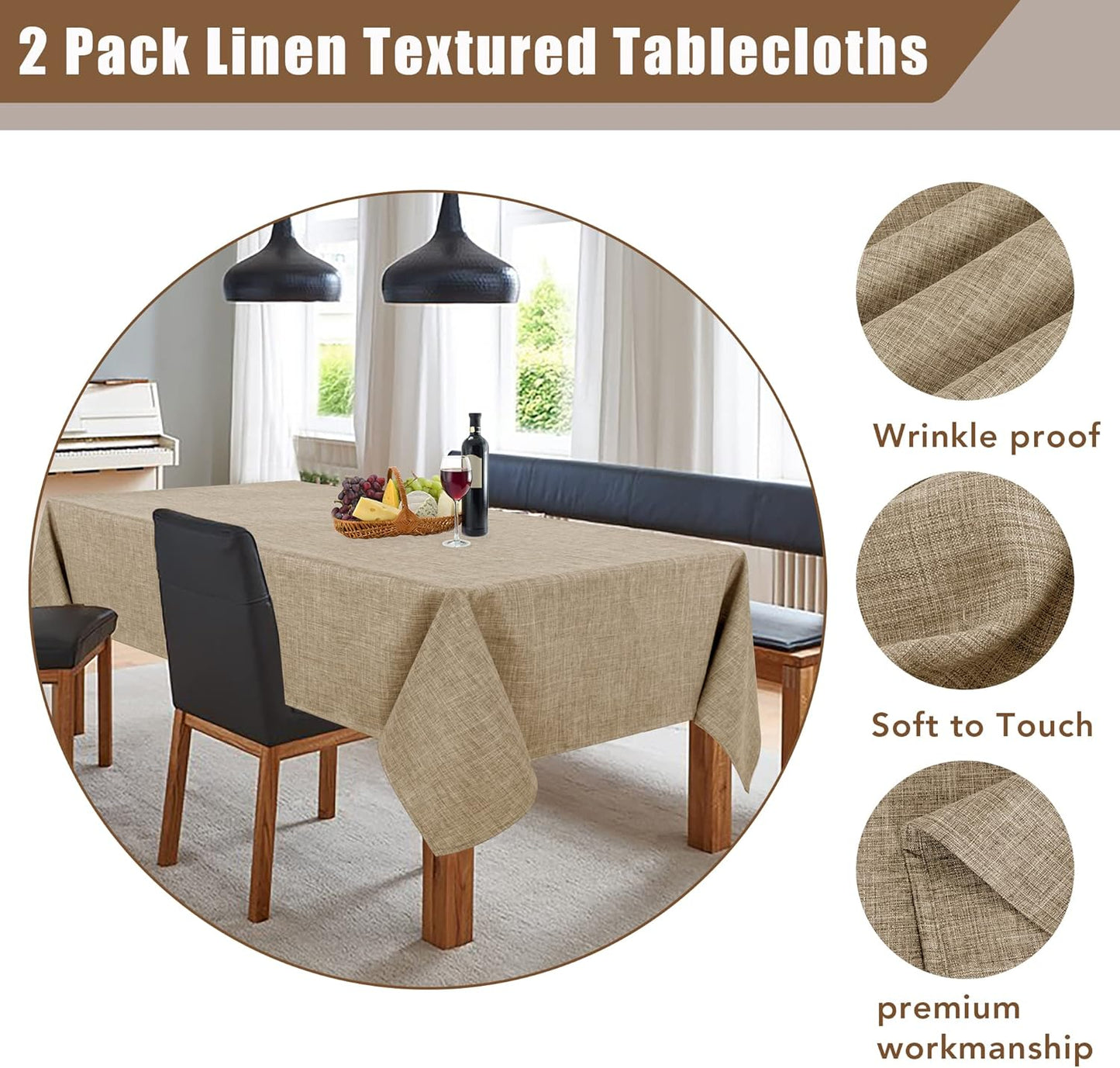 Fitable Faux Linen Tablecloths 2 Pack, Faux Burlap Fabric Table Clothes for Rectangle Tables, Rustic Holiday Table Covers for Kitchen Dining, Party, Farmhouse (Khaki, 54 x 78 Inch)