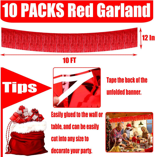 Red Metallic Foil Fringe Garland – 10 Pack 10ft Tinsel Streamer Backdrop for Birthday, Wedding & Party Decor