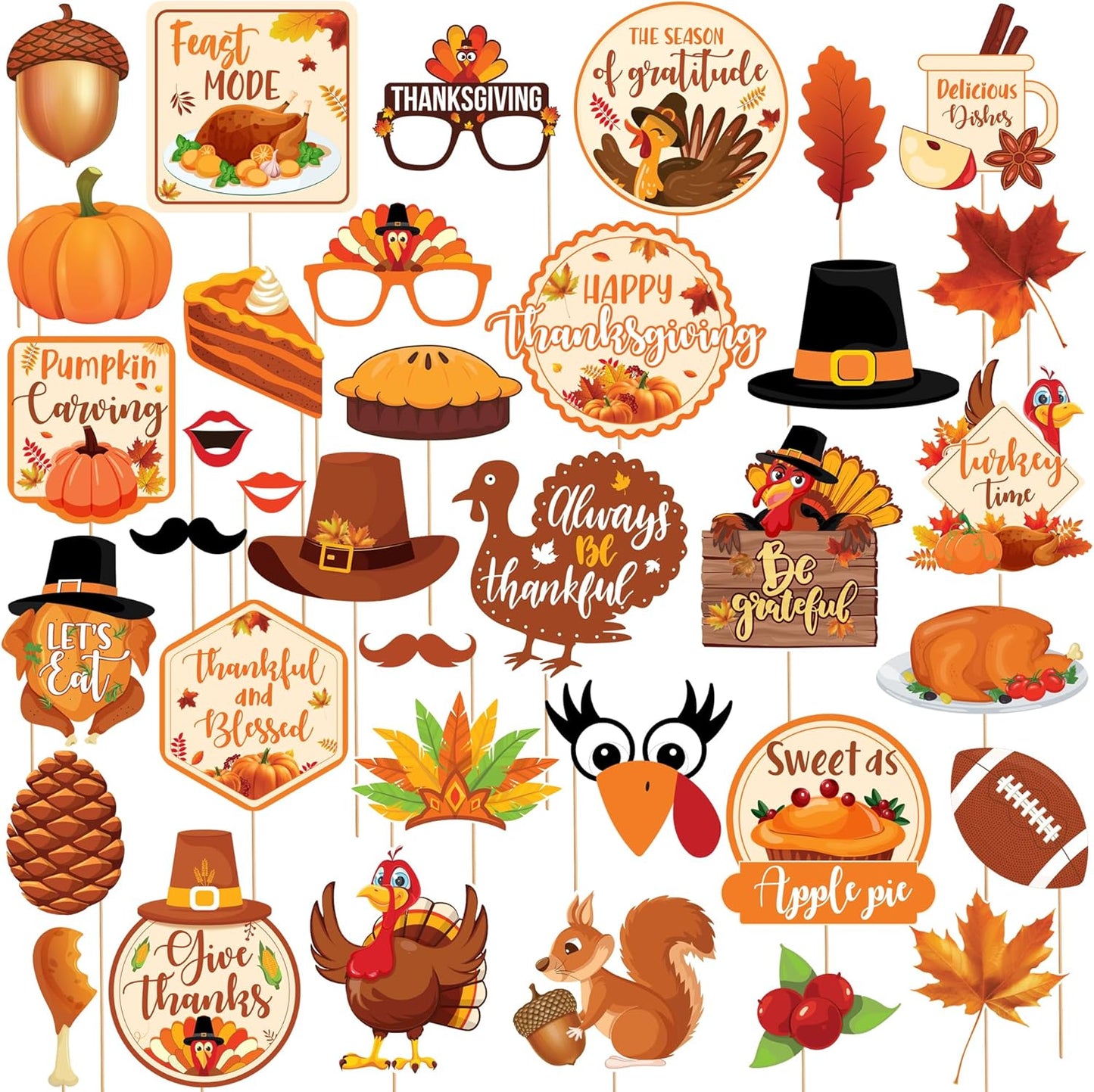 KatchOn, Happy Thanksgiving Picture Props - Pack of 36 | Turkey Photo Booth Props for Autumn, Fall | Photo Booth Props for Thanks Giving Decorations | Thanksgiving Harvest Party Decoration