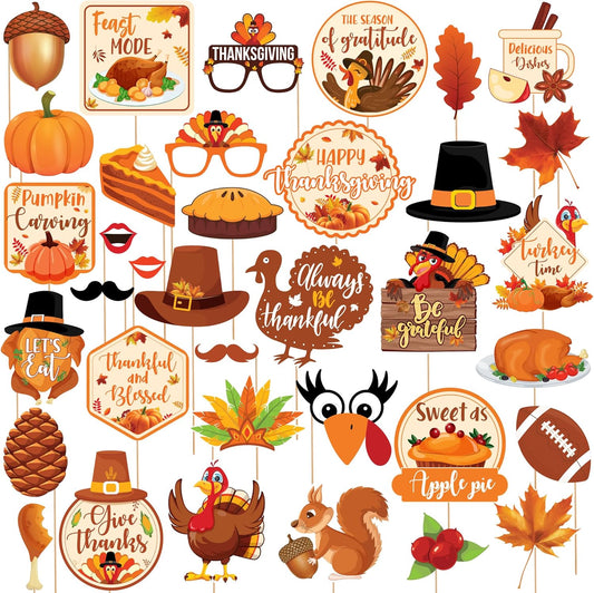 KatchOn, Happy Thanksgiving Picture Props - Pack of 36 | Turkey Photo Booth Props for Autumn, Fall | Photo Booth Props for Thanks Giving Decorations | Thanksgiving Harvest Party Decoration
