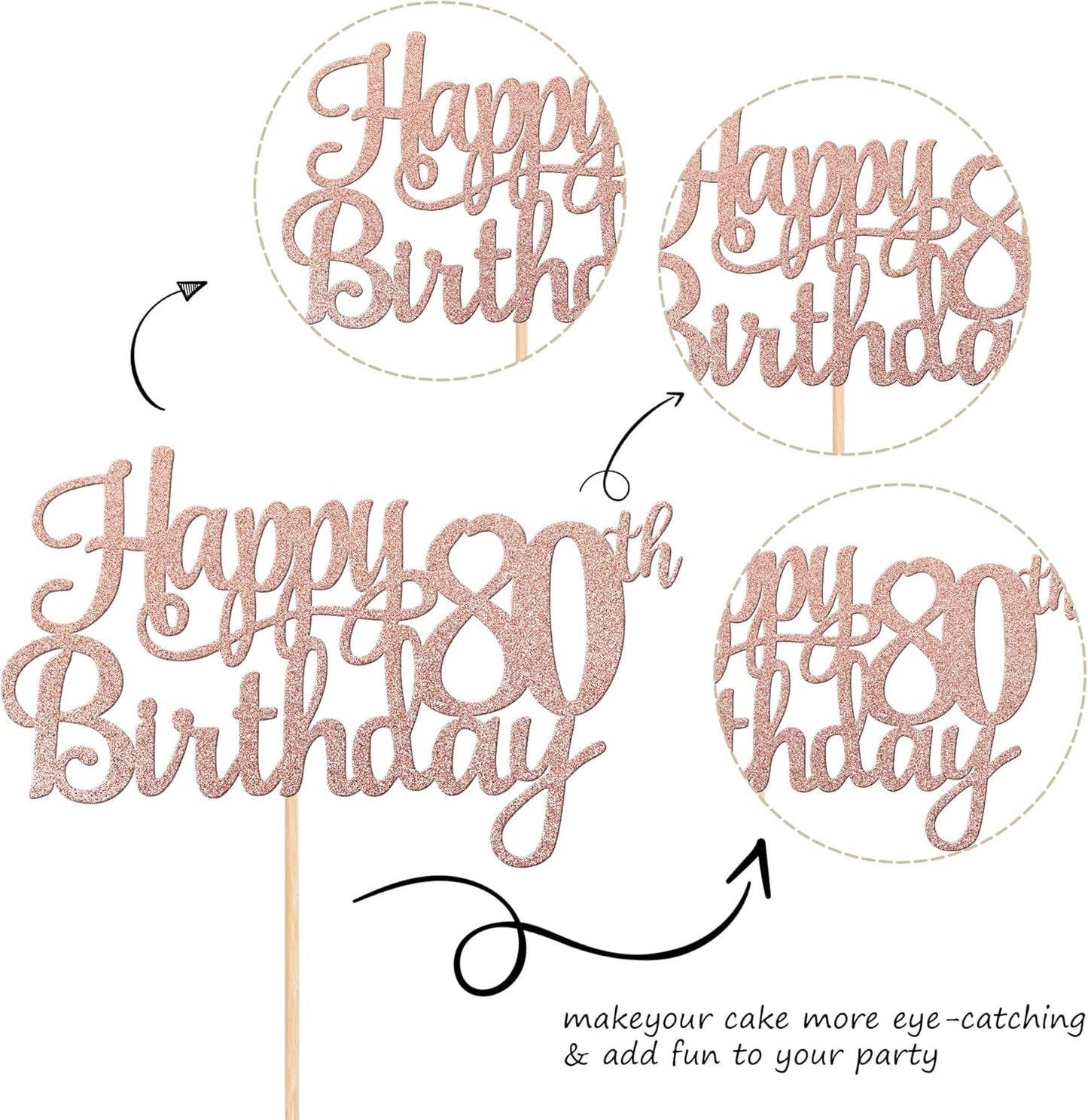 1 PCS Happy 80th Birthday Cake Topper Glitter Cheers to 80 Years Birthday Cake Pick 80 Fabulous Cake Decoration for Happy 80th Birthday Theme Party Decorations Supplies Rose Gold