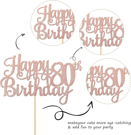 1 PCS Happy 80th Birthday Cake Topper Glitter Cheers to 80 Years Birthday Cake Pick 80 Fabulous Cake Decoration for Happy 80th Birthday Theme Party Decorations Supplies Rose Gold