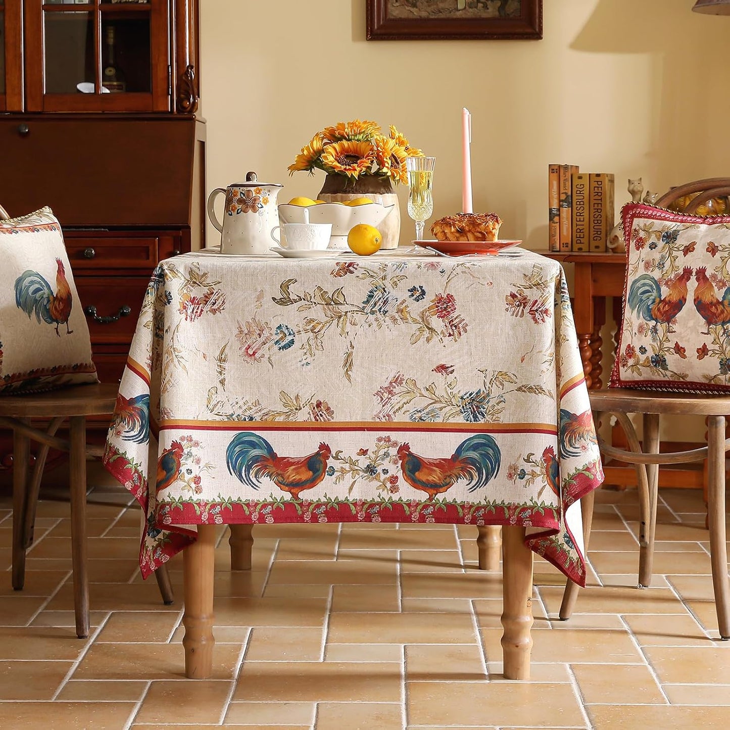 patdrea Designer Small French Rectangle Tablecloth,Red Vintage Linen Animals Pattern Breathable Tablecloths,Decor Floral Table Cover for Kitchen Dining Christmas,Thanksgiving,55"x71"-Townlife E