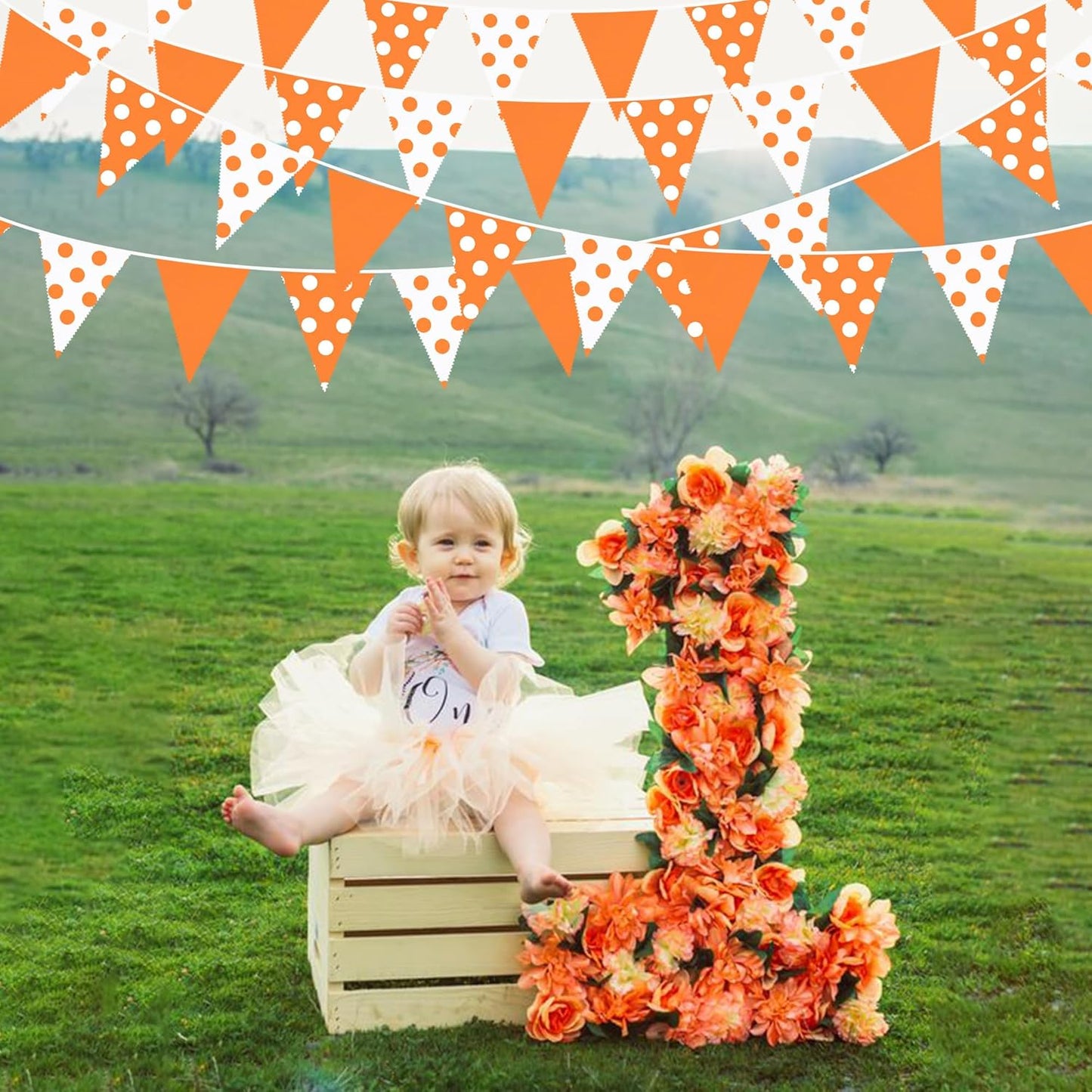 32Ft Orange Party Decorations Orange Fabric Pokal Dot Pennant Triangle Banner Party Flag Bunting Streamer Garland for Birthday Groovy Baby Shower Sunshine Home Outdoor Garden Decor Supplies