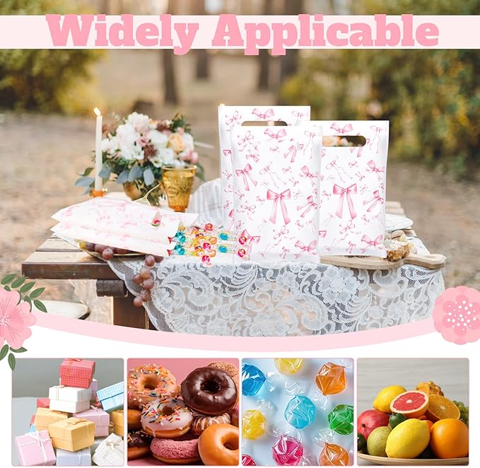 Supervitae 100 Pcs Easter Plastic Pink Bow Gift Bags Coquette Bow Party Favor Bags Bulk with Handle for Birthday Wedding Bridal Shower Spring Easter Goodie Candy Treat Bachelorette Party Supplies