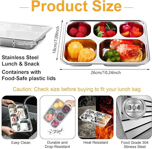 Honeydak 6 Pack Stainless Steel Snack Containers with Lids Compartments Stainless Steel Lunch Box Reusable Meal Prep Lunch Containers for Home Travel Work Camp Party (Middle 5 Compartment)