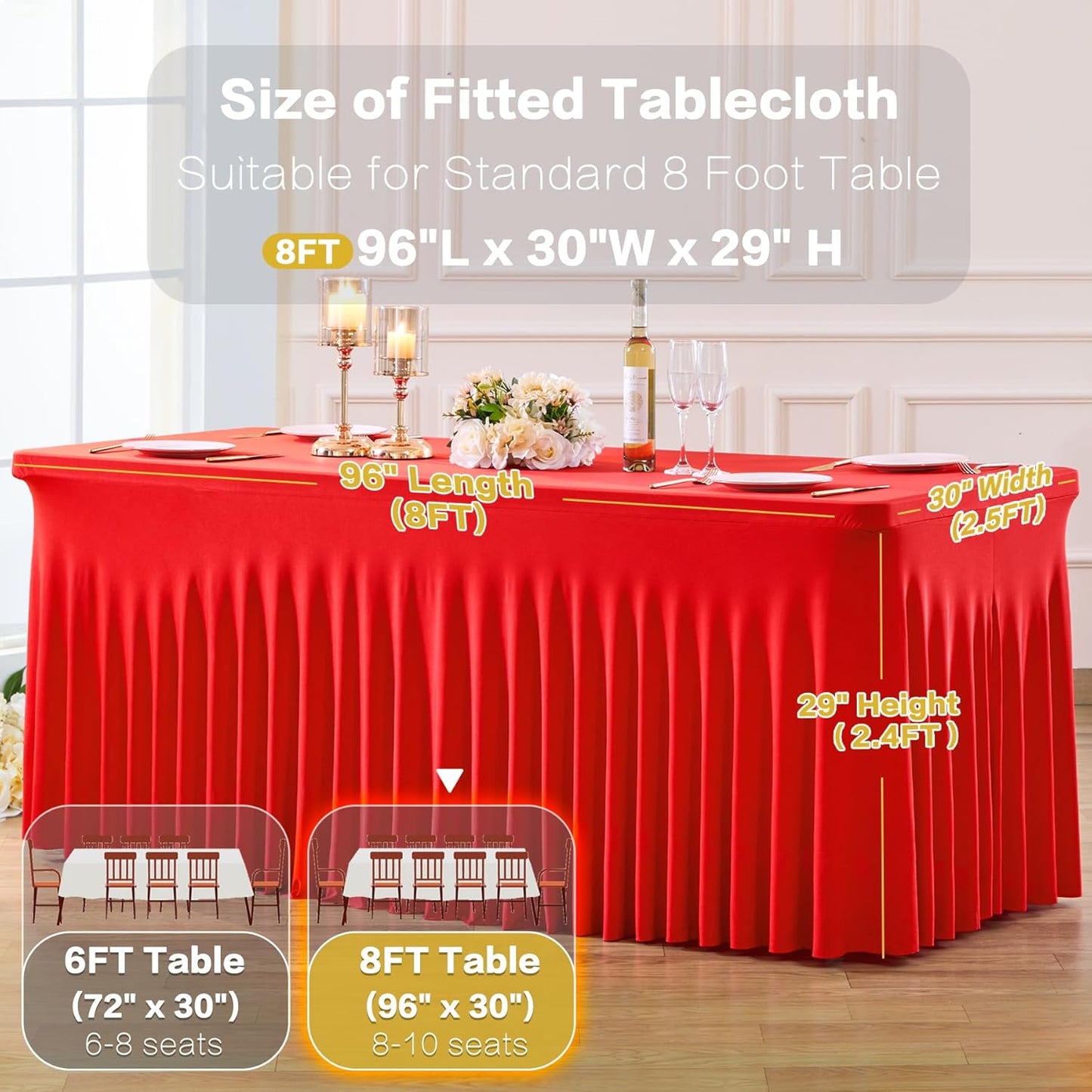 6 Pack Spandex Red Fitted Table Cloth for 8ft Rectangle Tables Red Stretch Tablecloth Table Covers Banquet Table Clothes Wrinkle Free Table Skirt for Parties Wedding