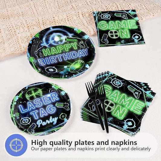 96PCS Laser Tag Birthday Party Decorations Laser Tag Party Plates Disposable Green Blue Laser Party Tableware Set for Kids Boys Girls Neon Glow Laser Tag Game Birthday Decorations, Serves 2