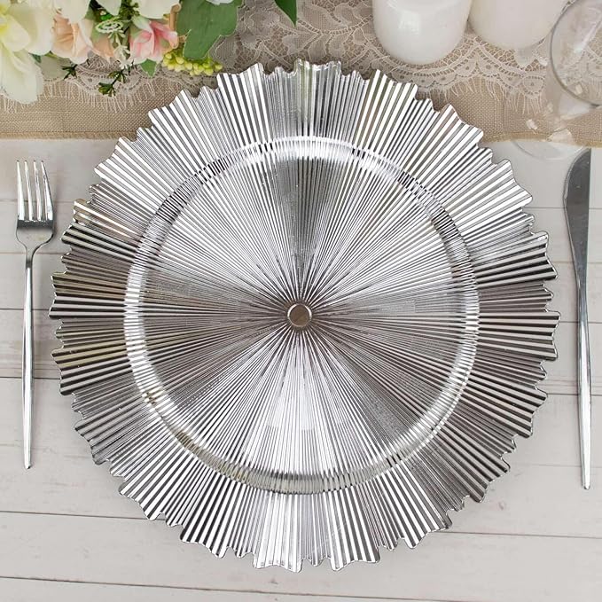 Efavormart 6 Pack | 13" Metallic Silver Sunray Acrylic Plastic Serving Plates, Round Scalloped Rim Disposable Charger Plates