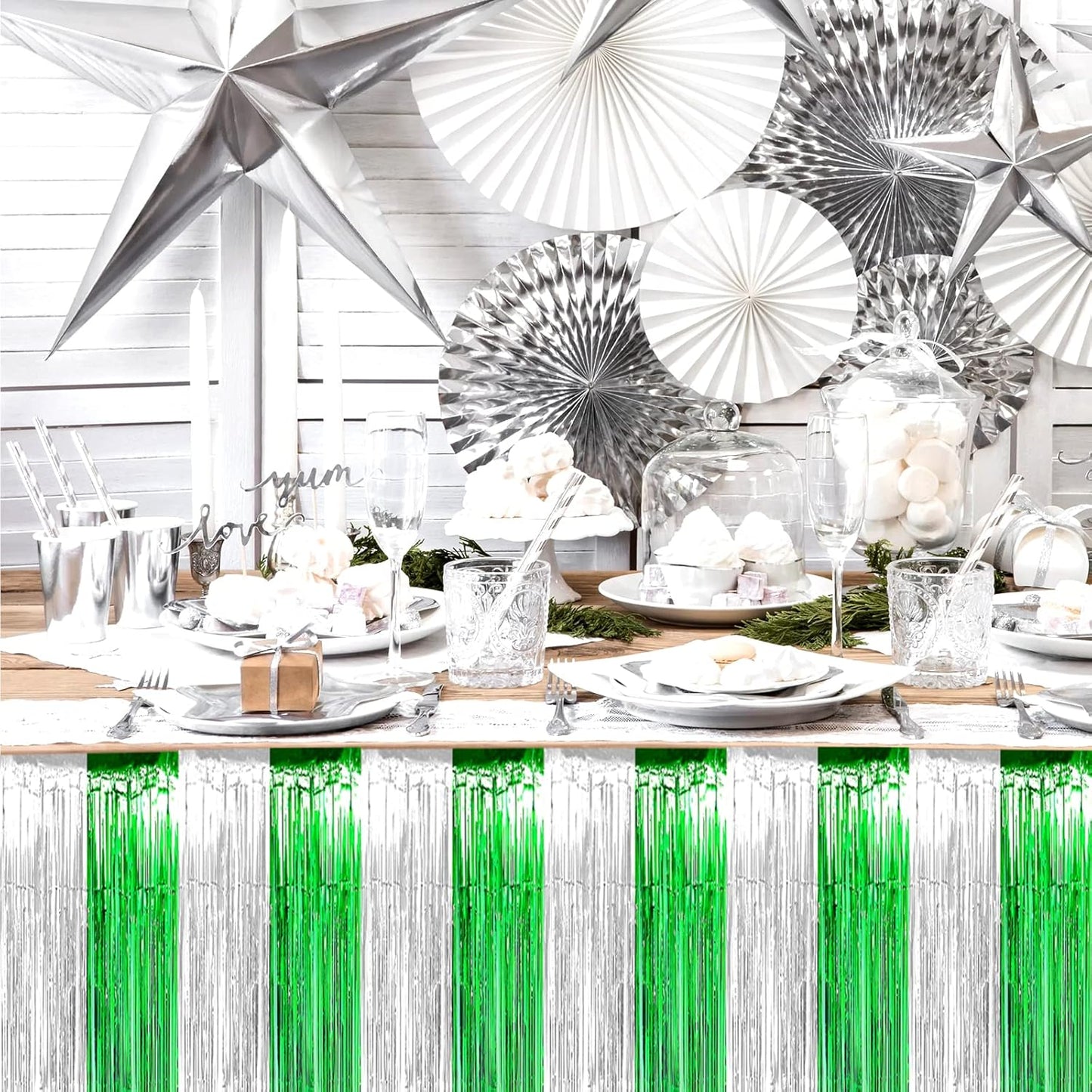 6 Pack 29x108 Inch Metallic Foil Fringe Table Skirts Banner for Tinsel Streamer Garland Curtains Backdrop for Parade Floats Wedding Birthday Mardi Gras, St Patrick Day Party Decorations(Silver Green)