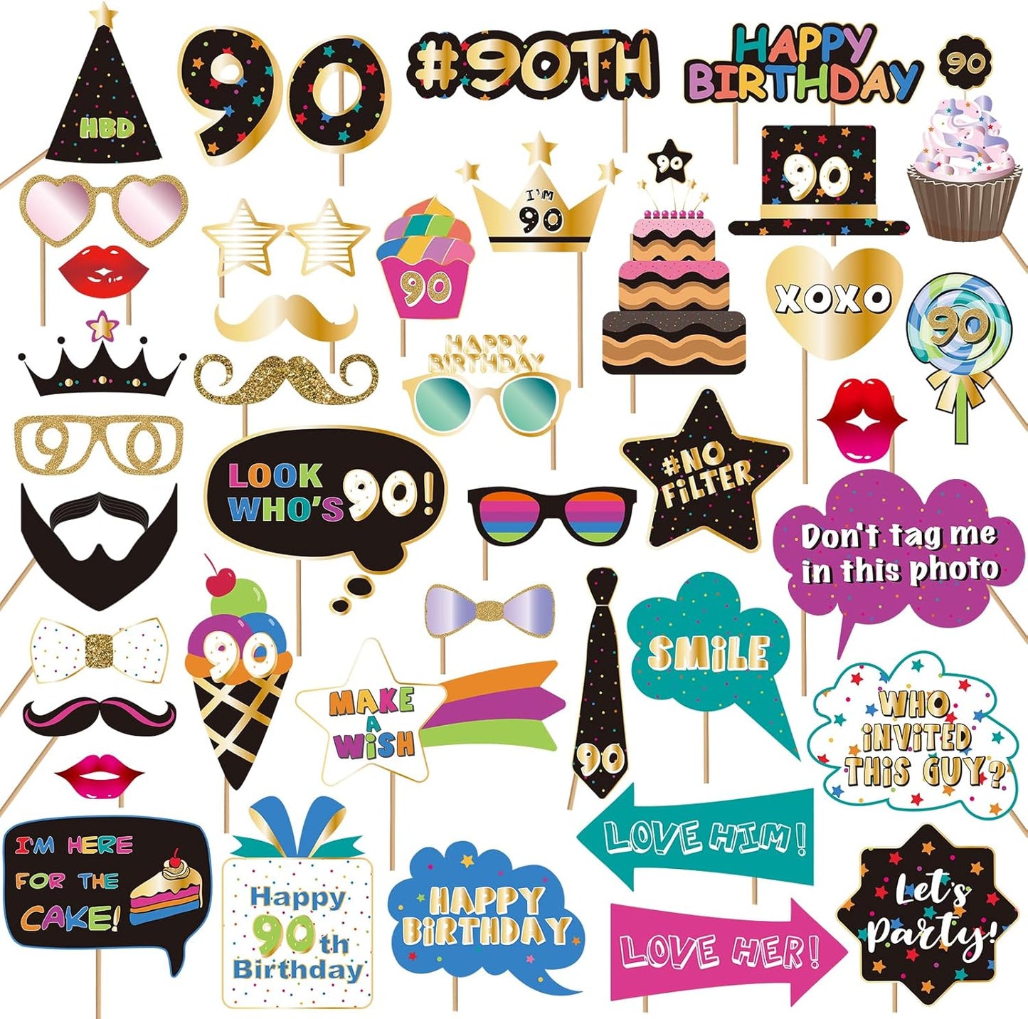 BRT Bearingshui 90th Birthday Party Photo Booth Props Accessories, 90th Happy Birthday Party Decorations Supplies Favors