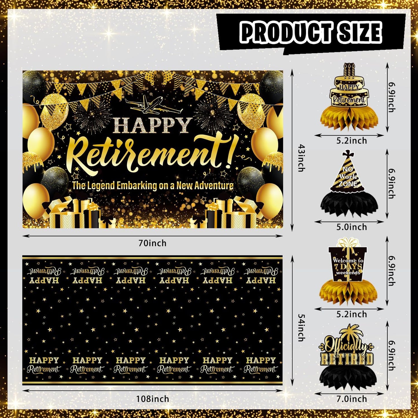Mpanwen Retirement Party Decorations, 78 Pcs Gold Black Happy Retirement Men Party Decor Supplies for Women Men with Backdrop, Banner, Tablecloth, Centerpieces, Hanging Swirls, Sash, Hat, Wall Signs