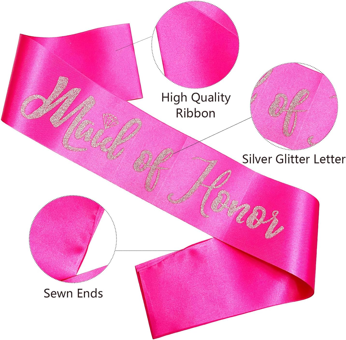 Maid of Honor Sash, Hot Pink Sash with Silver Glitter Letter Bachelorette Party Sash for Bridal Shower Wedding Party Accessories Supplies Engagement Gifts