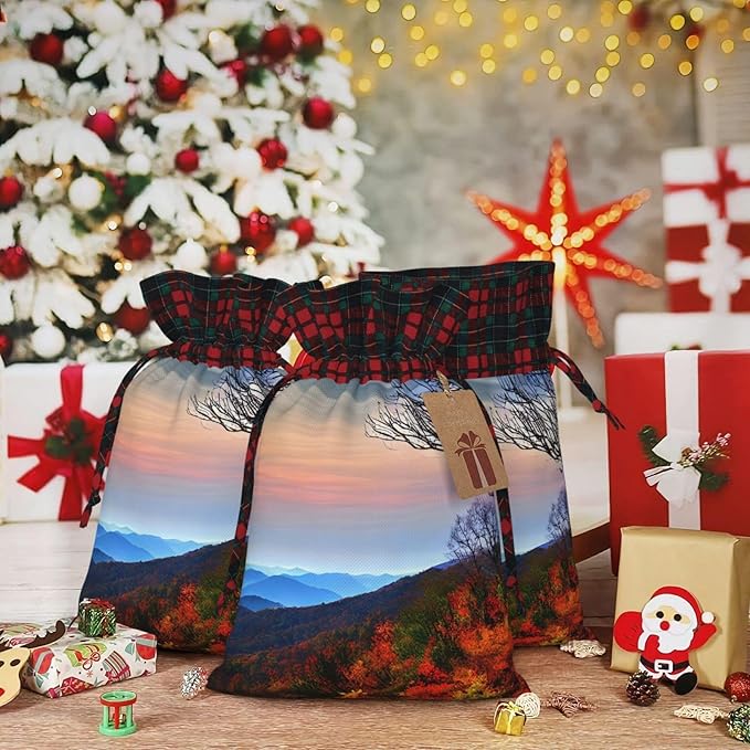 PULaif Blue Ridge Mountains Christmas Drawstring Gift Bags, Large Size Christmas Bags For Gifts Party Favors, Xmas Gift Bags