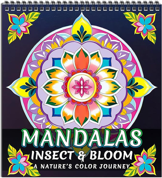 FUN LAVIE Adult Coloring Book - Mandala Coloring Books for Adults Relaxation and Teens Stress Relief, Featuring Large Print Mandalas Insect & Bloom Patterns for Women Mindfulness, Spiral Bound