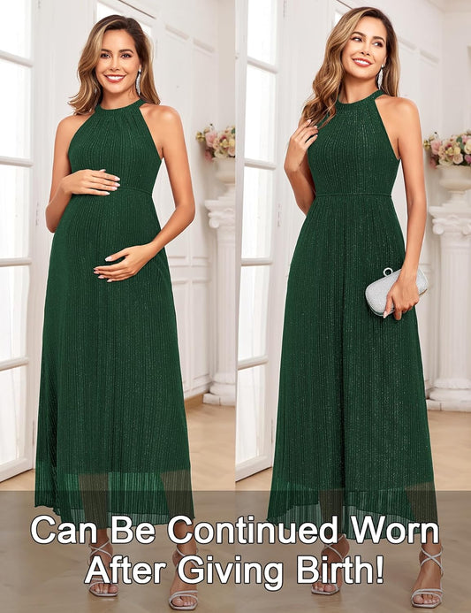 Maternity Sparkly Mesh Dress Halter Neck Sleeveless A Line Pregnancy Dresses Semi Formal Baby Shower Photoshoot