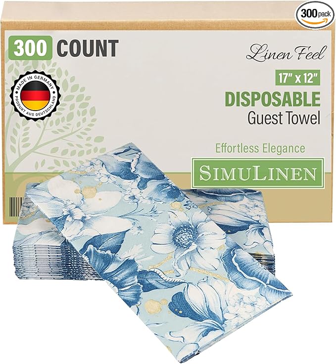 SimuLinen Blue Garden Floral Disposable Hand Towels for Bathroom, Single-Use Linen-Feel Guest Towels, Hand Tissue Paper, Cloth-Like Paper Napkins, Pack of 300