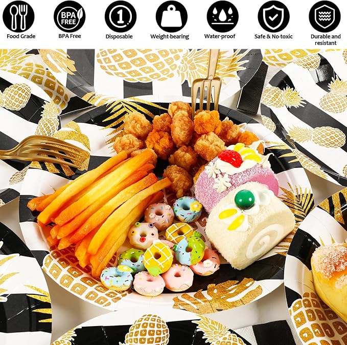 OBUSATT 96Pcs Pineapple Party Supplies Tropical Pineapple Paper Plates Napkins Summer hawaiian luau Party Decorations Fruit Dinnerware Party Favor Birthday Wedding Tableware Serves 24