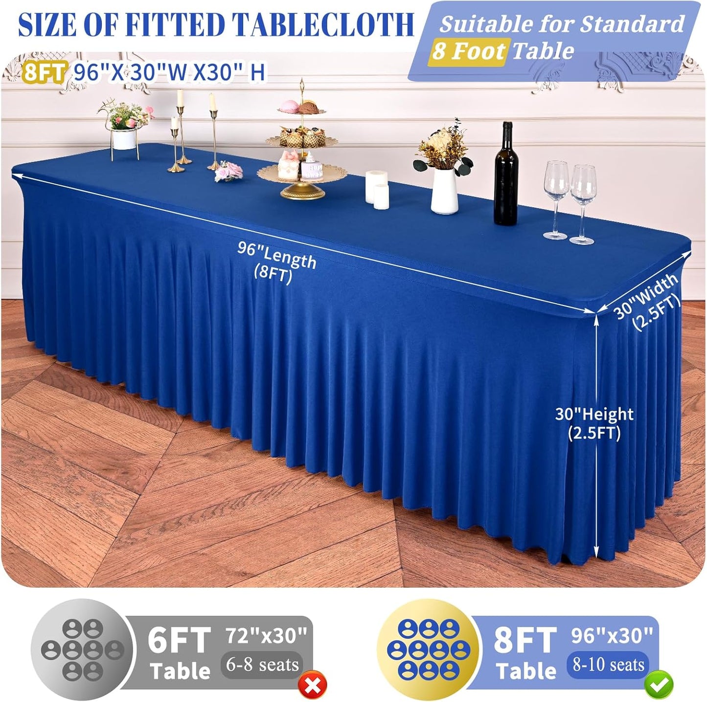 2 Packs Royal Blue Stretch Table Skirts for 8 Foot Rectangle Table, Washable Spandex Stretch Tablecloths with Skirt, Wrinkle Resistant Fitted Tablecover for Wedding Party Banquet