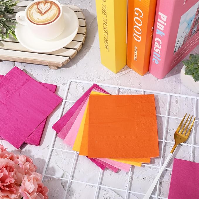 Whaline 120Pcs Orange Pink Cocktail Napkin 6 Colors Multi Color Beverage Paper Napkin 5 * 5 Inch Orange Disposable Napkins for Tequila Sunrise Home Bar Baby Shower Table Party Decor