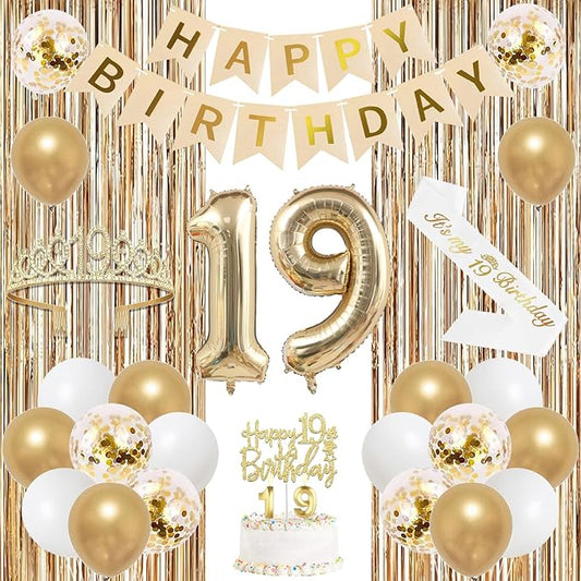 Trgowaul Happy 19th Birthday Decorations for Girls, Banner, Sash and Crown, Cake Topper, 19 Number Balloon, Fringe Curtains, Champagne Gold 19th Birthday Party Supplies