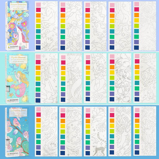 Watercolor Painting Coloring Books Pocket Watercolor Paint Bookmarks, Mess Free Paint with Water Set, Travel Activities Art Party Favors Exchange Birthday Gifts for Kids (3in1)