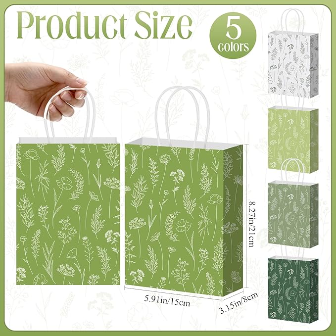 Kolldenn 50 Pcs Sage Green Wildflower Gift Bags with Handles Paper Floral Goodie Welcome Bag for Wedding Guest Baby Shower Bridal Birthday Party Favor, 5.91 x 3.15 x 8.27 Inches