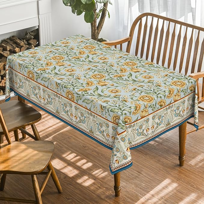 Horaldaily Rustic Rectangular Tablecloth 60x140 Inch, Bird Floral Vintage Washable Seasonal Table Cover for Party Picnic Dinner Decor