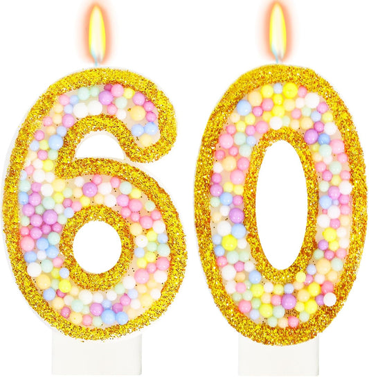 60th Birthday Candle for Women/Men, Golden Macaron Numeral Candles, Birthday Party Cake Decorations, Cake Topper for Birthday Party Supplies (Number 60)