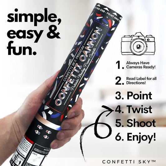 Confetti Sky [6 Pack] 12 Inch Confetti Cannons | Confetti Poppers for Wedding Celebration, Birthday Party, Pranks, Graduation, Christmas Eve and New Year Celebration (Blue,red,white)