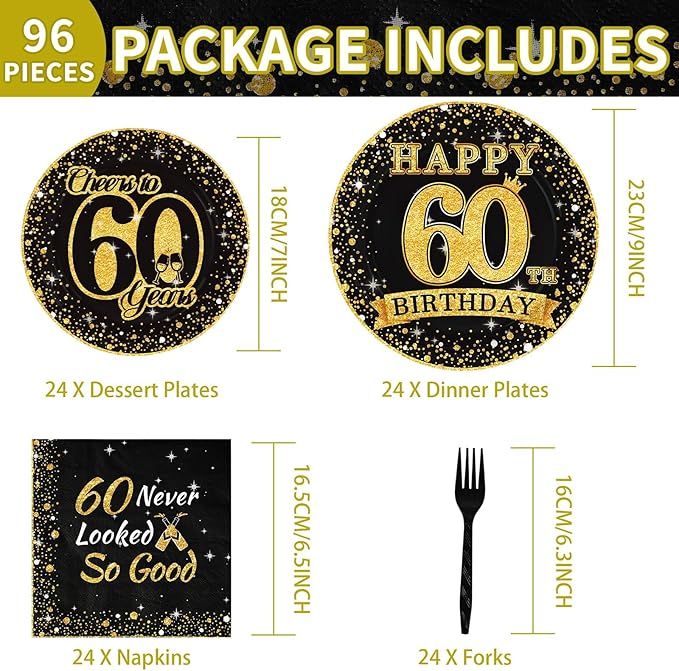 Grencian 96Pcs 60th Birthday Party Decorations Vintage 1965 Birthday Plates and Napkins Black and Gold Tabeware Sets Cheers to 60 Years Decorations for Mens Womens 60 Year Old Party Supplies Serves 24