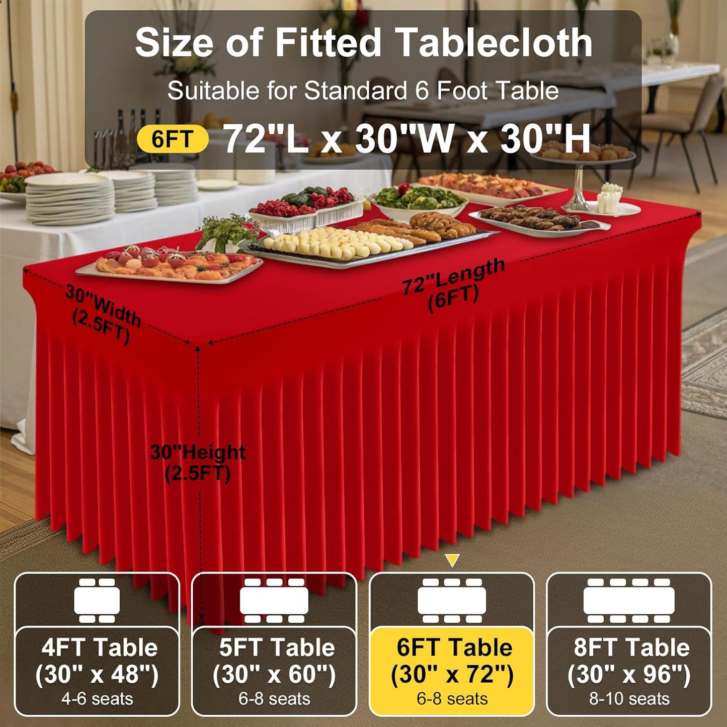 Smiry Spandex Tablecloth 2 Pack, Elastic Fitted Stretch Tablecloth for 6FT Rectangle Tables, Waterproof Washable Table Cover Skirt for Outdoor, Wedding, Banquet & Parties (Red, 72Lx30Wx30H Inch)