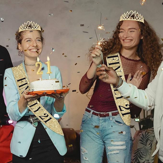 21st Birthday Decorations for Her with 21st Birthday Sash and Crown, Candles Gold, Gifts for 21 Year Old Girls