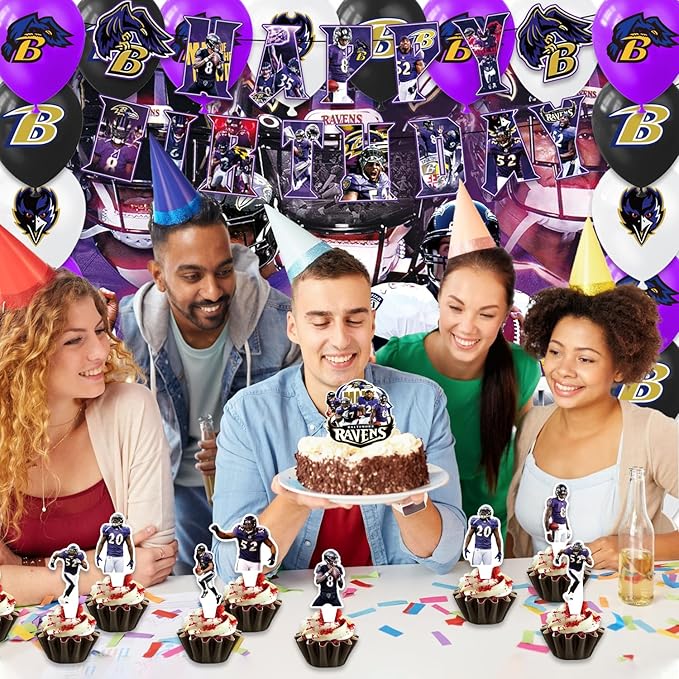 42pcs Baltimore Party Decoration Pack Includes，Banner，Cake Topper，Blackdrop,Balloons for Ravens party decoration