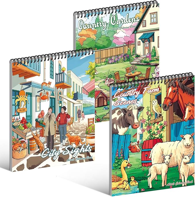 Kalysky Country Farm Adult Coloring Book Set - 3 Coloring Books for Adults Relaxation, Country Gardens, Farm & City Sights Themes | Stress Relief Coloring Book for Women
