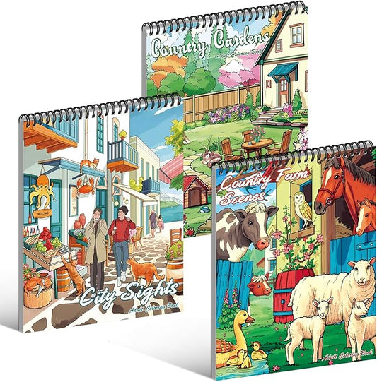 Kalysky Country Farm Adult Coloring Book Set - 3 Coloring Books for Adults Relaxation, Country Gardens, Farm & City Sights Themes | Stress Relief Coloring Book for Women