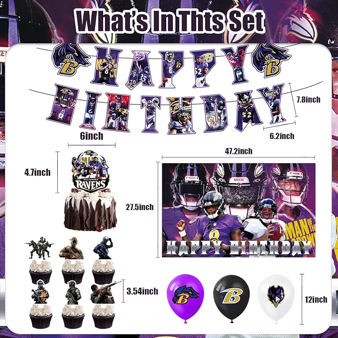 42pcs Baltimore Party Decoration Pack Includes，Banner，Cake Topper，Blackdrop,Balloons for Ravens party decoration