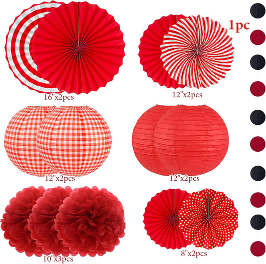 Red Party Decorations Red Paper Fans Paper Lanterns Pom Poms Flowers for Baby Shower Birthday Wedding Engagement Party