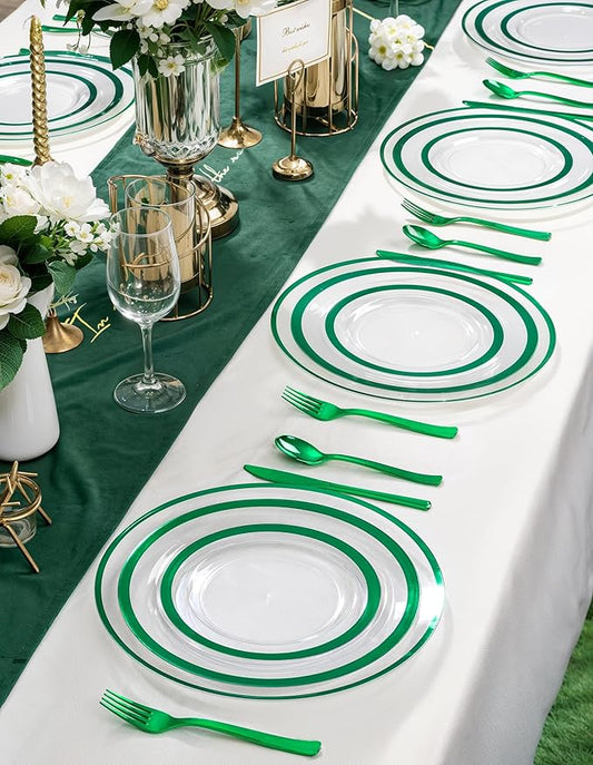 WDF 12 Inch Green Charger Plates - Charger Plates Bulk - 25Pack Plastic Clear and Green Charge Plate Perfect for Dinner/Wedding/Party/St. Patrick's Day/Easter