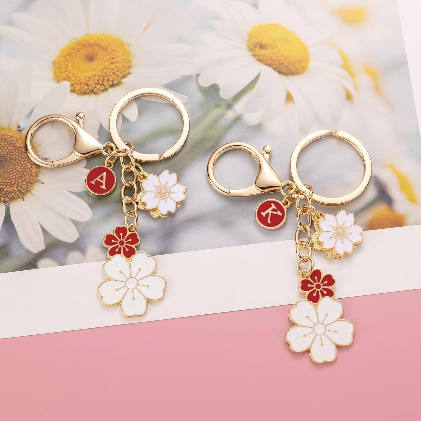 SELOVO Initial Keychain Flower Charms for Key Cute Pink Letter Keyring for Backpack