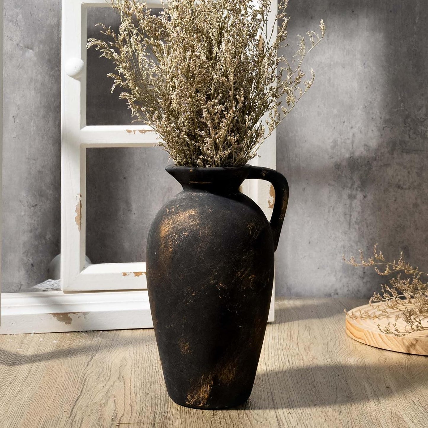 Rustic Ceramic Flower Vase with 1 Handle, Small Decorative Terracotta Boho Vase for Living Room, Table Centerpiece, Shelf Decor, Farmhouse, Entryway - 8.8 Inch Tall, Vintage Black