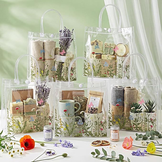 Kacctyen 24 Pcs Gift Bags for Party Favor Clear Goodie Bags with Handle 7.87 x 7.87 x 3.15 Return Gift Wrap Totes for Guests Treat Candy Wrapping(Vintage Wildflowers)