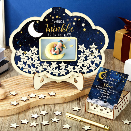 Wenqik 63 Pcs Moon and Star Baby Shower Guest Book Alternatives Set Baby Shower Decorations with Photo Frame Sonogram Frame Keepsake 60 Wood Slices Guest Book for Birthday